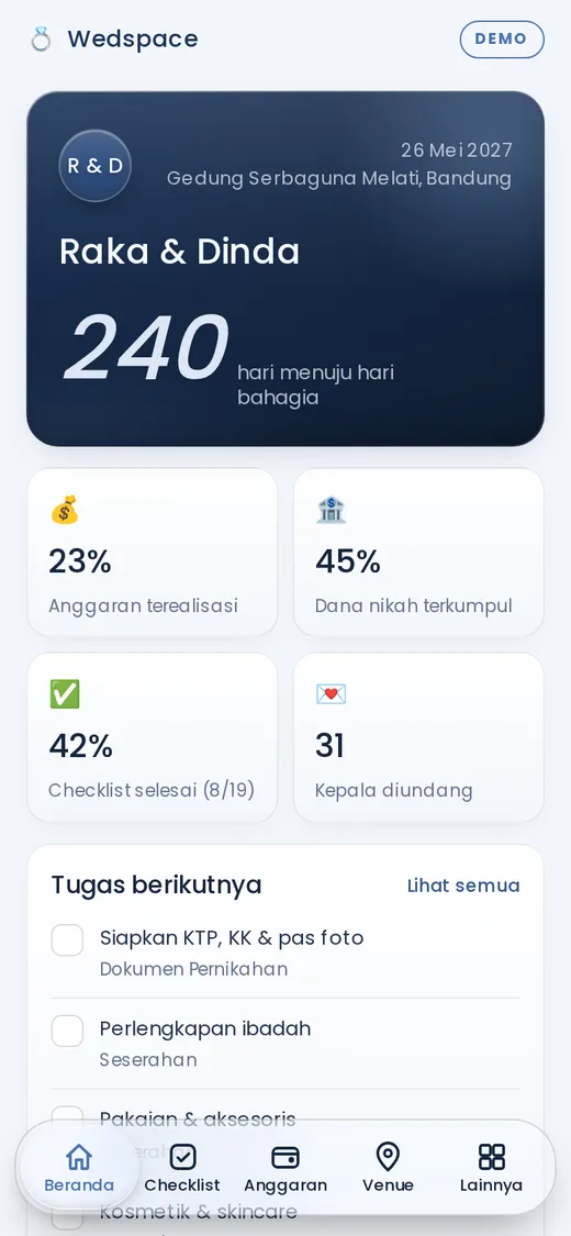 Beranda: hitung mundur hari-H dan ringkasan persiapan